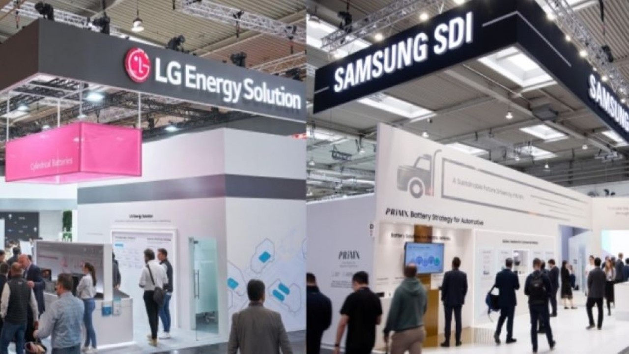 Pengunjung melihat stan pameran produsen baterai Korea LG Energy Solution (kiri) dan Samsung SDI di IAA Transportation 2024 di Hanover, Jerman (Foto: Istimewa via The Korea Herald)