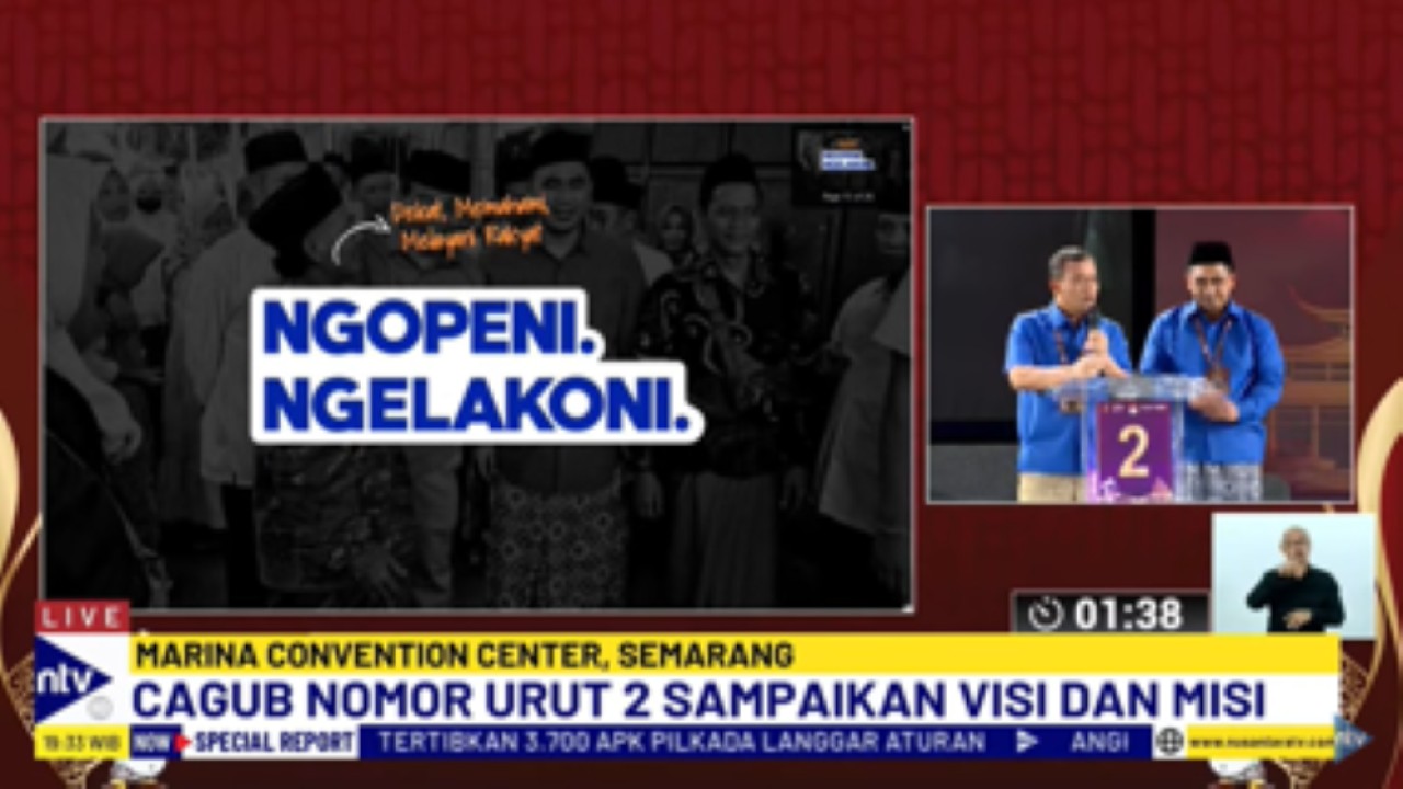 Calon gubernur dan wakil gubernur Jawa Tengah nomor urut dua, Ahmad Luthfi dan Taj Yasin Maimoen memaparkan visi-misi dalam debat perdana