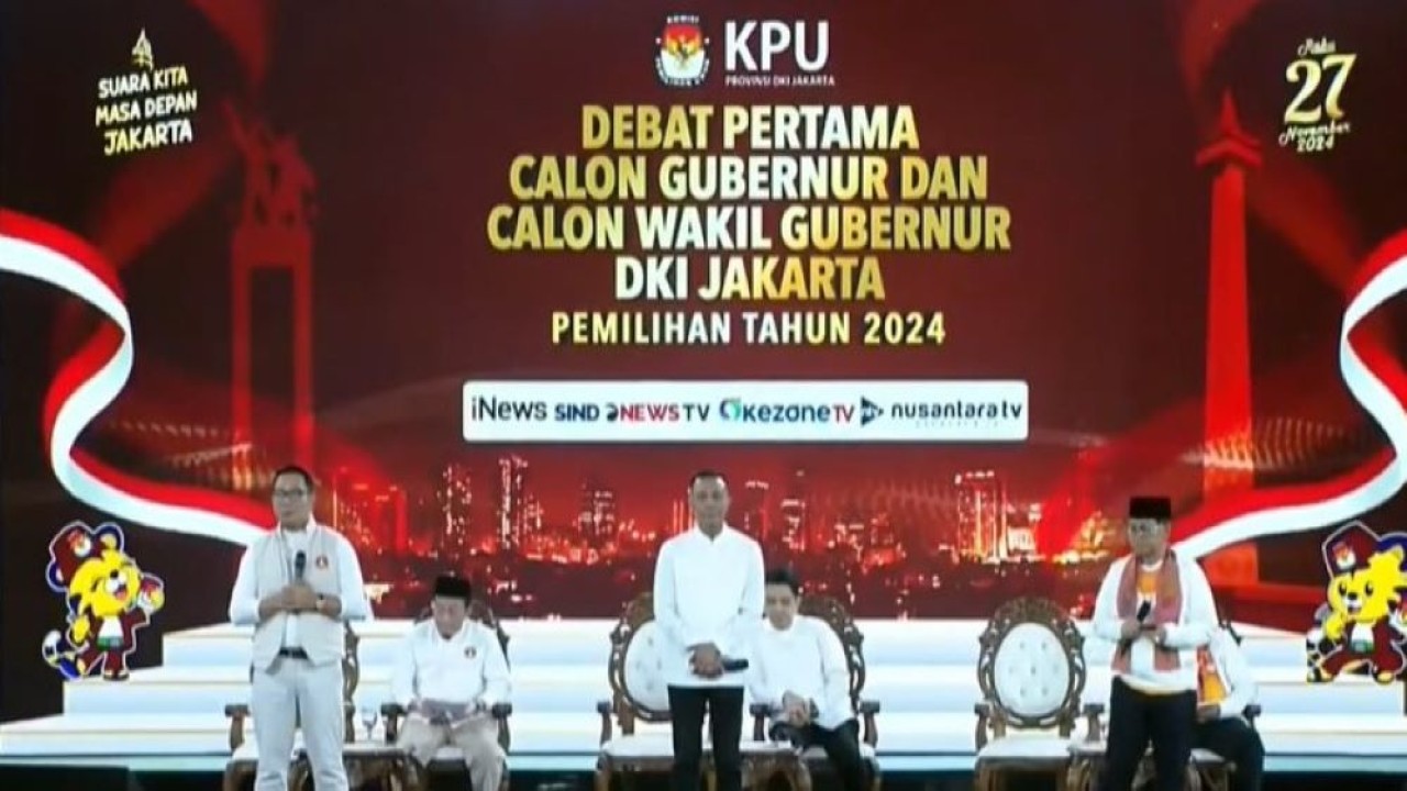 Debat pertama pemilihan kepala daerah (Pilkada) Jakarta 2024 di JIExpo Kemayoran, Jakarta, Minggu (6/10/2024).