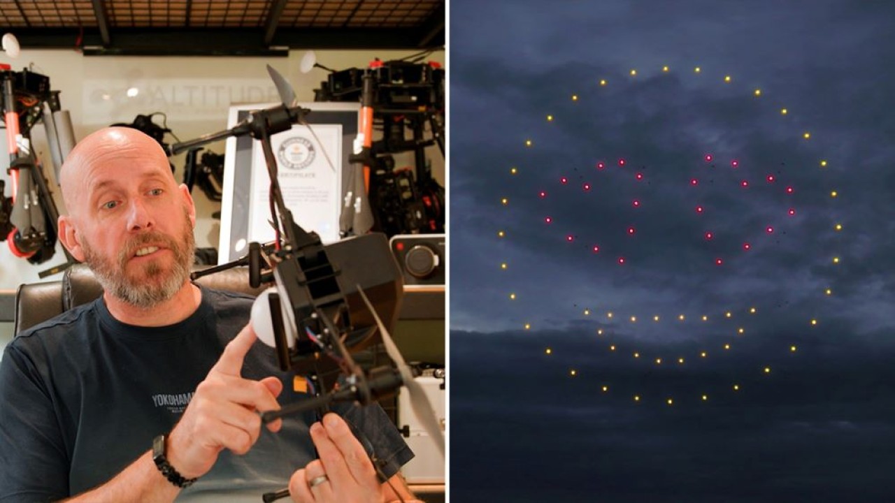 Christopher Bradbury memecahkan rekor dunia guinness dengan memprogram 109 drone miliknya untuk membentuk gambar emoji dan berbagai wajah di langit. (Foto: Guinness World Record)