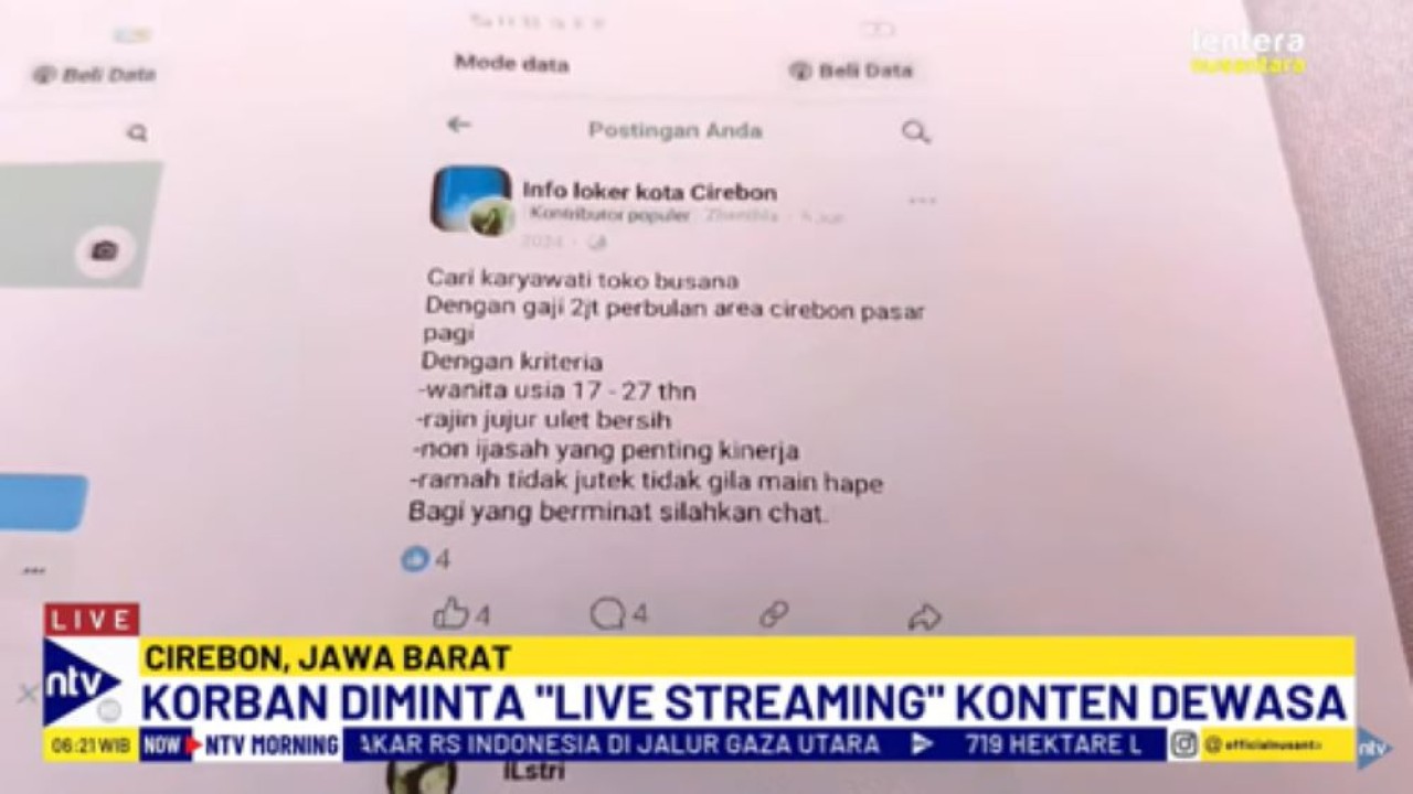 9 remaja Cirebon jadi korban penipuan berkedok lowongan kerja. Para korban disuruh live streaming konten dewasa