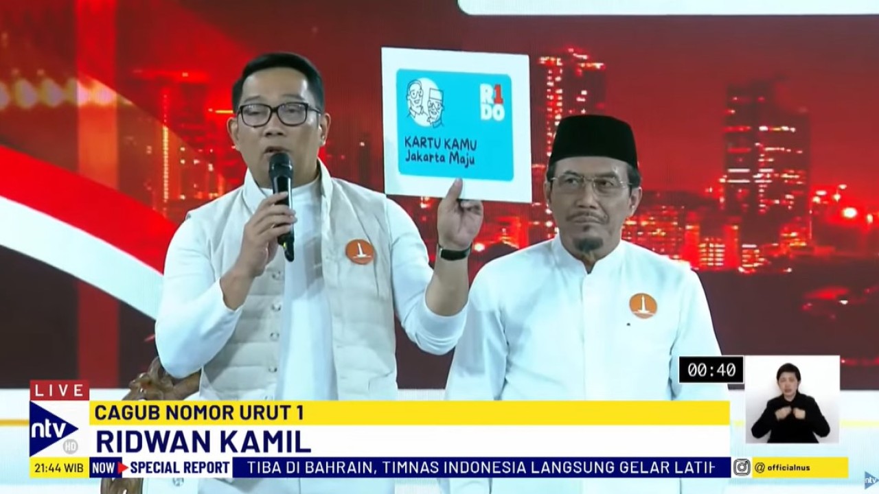 Ketiga paslon Pilkada Jakarta 2024 yakni nomor urut 1 Ridwan Kamil-Suswono, nomor urut 2 Dharma Pongrekun-Kun Wardana, dan nomor urut 3 Pramono Anung-Rano Karno turut serta dalam debat, pada Minggu (6/10/2024) malam, di JIExpo, Kemayoran, Jakarta Pusat.