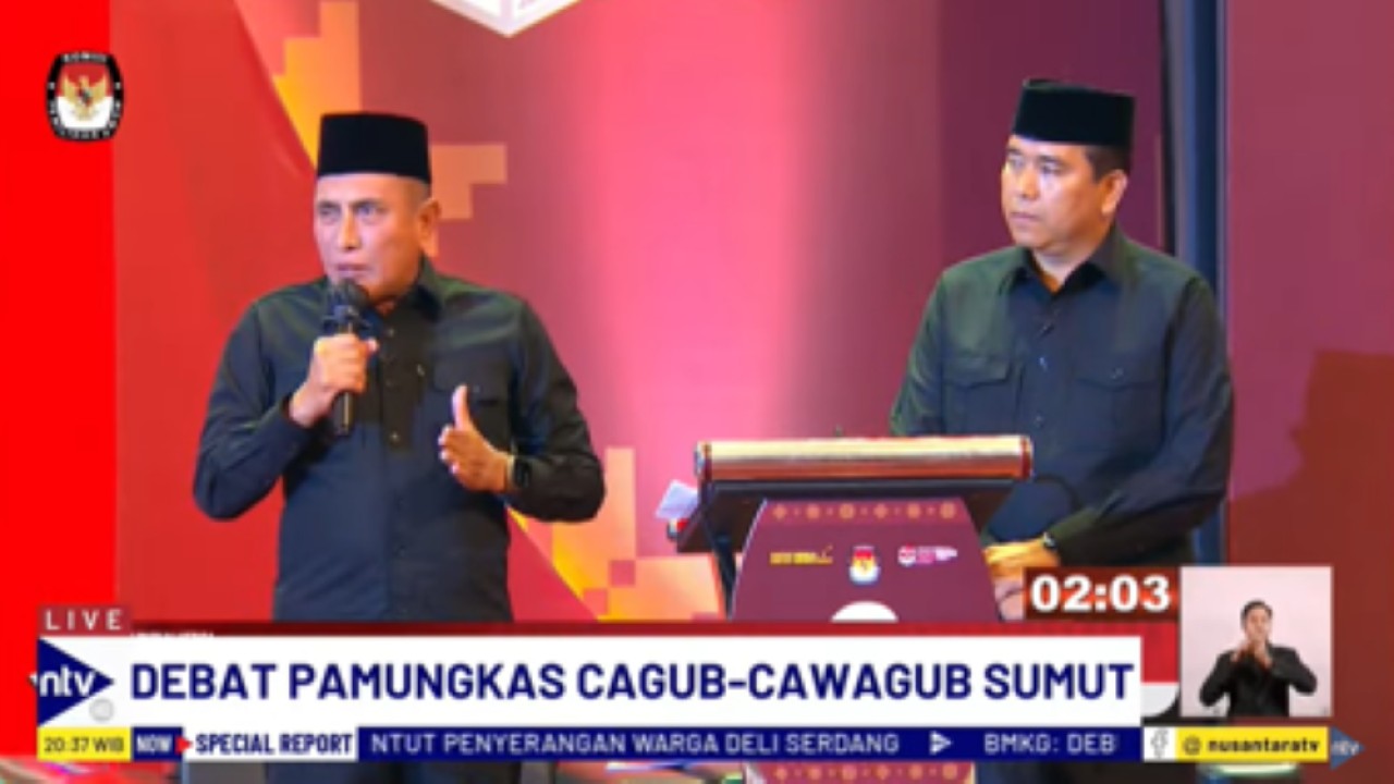 Pasangan calon gubernur dan wakil gubernur Sumut nomor urut dua, Edy Rahmayadi dan Hasan Basri Sagala menyampaikan visi-misi pada debat terakhir