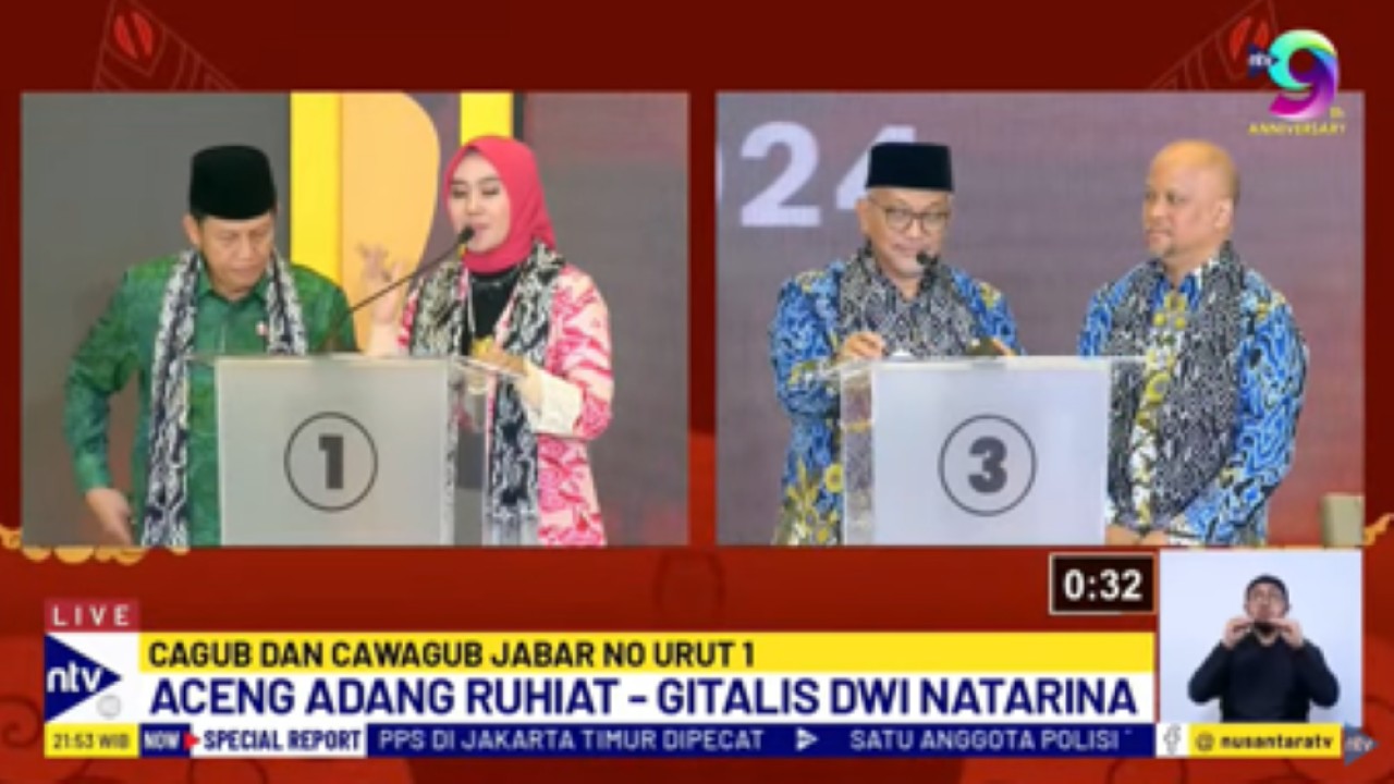 Pasangan calon gubernur dan wakil gubernur Jabar nomor urut satu Acep Adang Ruhiyat - Gitalis Dwi Natarina/Gita KDI dan paslon nomor urut tiga Ahmad Syaikhu - Ilham Habibie dalam debat kedua