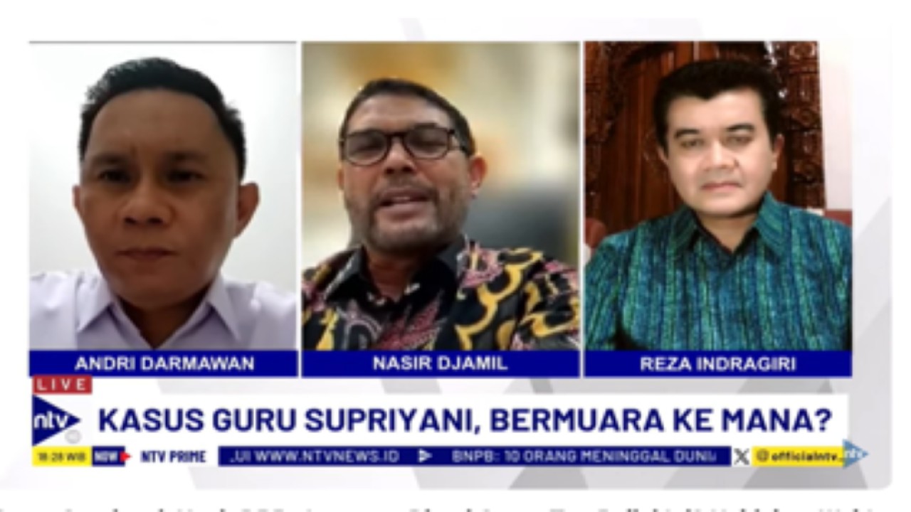 Anggota Komisi III DPR RI Muhammad Nasir Djamil (tengah) bersama pakar Psikologi Forensik Reza Indragiri (kanan) dan kuasa hukum guru Supriyani, Andri Darmawan dalam Dialog NTV Prime di NusantaraTV/tangkapan layar NTV