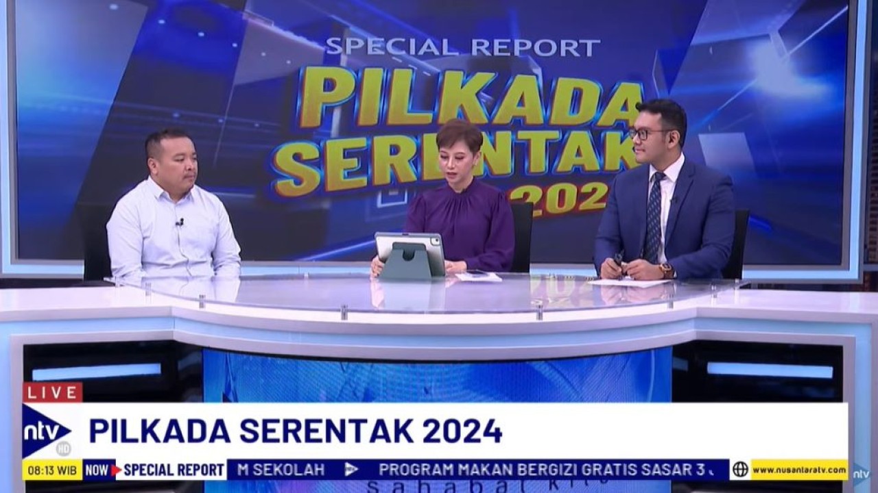 Peneliti Charta Politica Indonesia, Nachrudin saat menjadi narasumber dalam program Special Report Pilkada Serentak 2024 di Nusantara TV, Rabu, 27 November 2024.