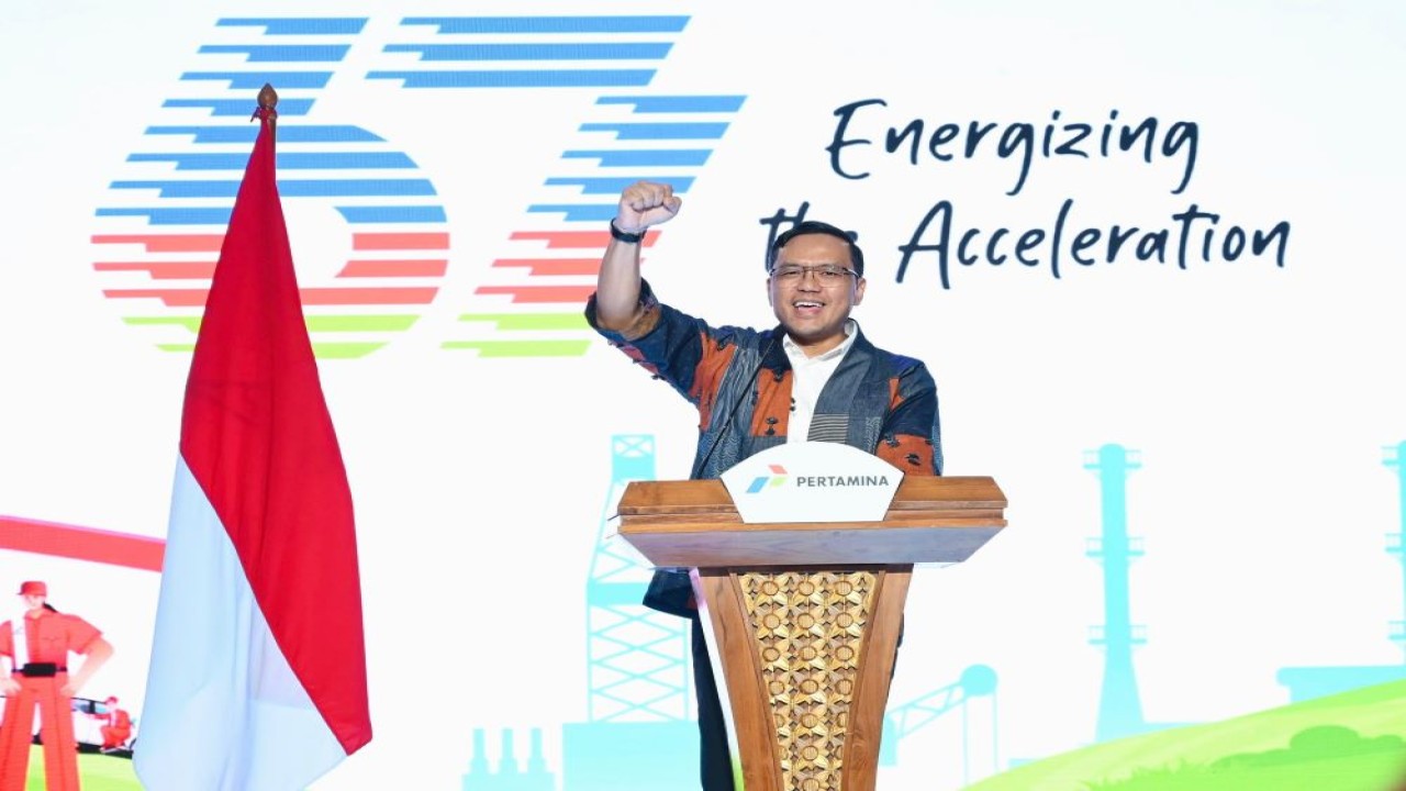 Direktur Utama Pertamina, Simon Aloysius Mantiri saat memberikan sambutan pada acara puncak perayaan Hari Ulang Tahun (HUT) ke-67 Pertamina di Grha Pertamina, Jakarta (10/12/2024)/Foto: Istimewa