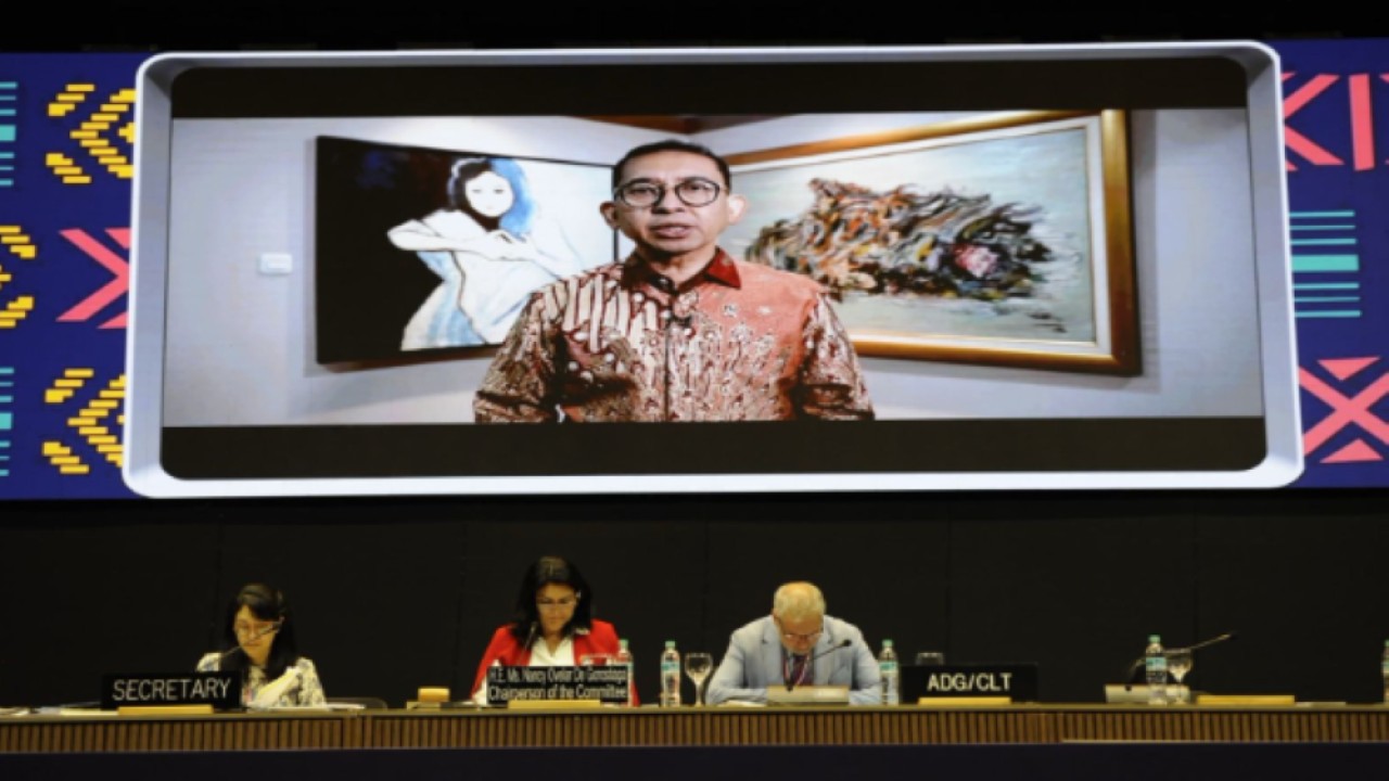 Menteri Kebudayaan Fadli Zon menyampaikan pidato secara virtual dalam sidang ke-19 the Intergovernmental Committee for the Safeguarding of the Intangible Cultural Heritage di Paraguay yang mengumumkan alat musik dari Indonesia sebagai warisan dunia/Foto: Istimewa