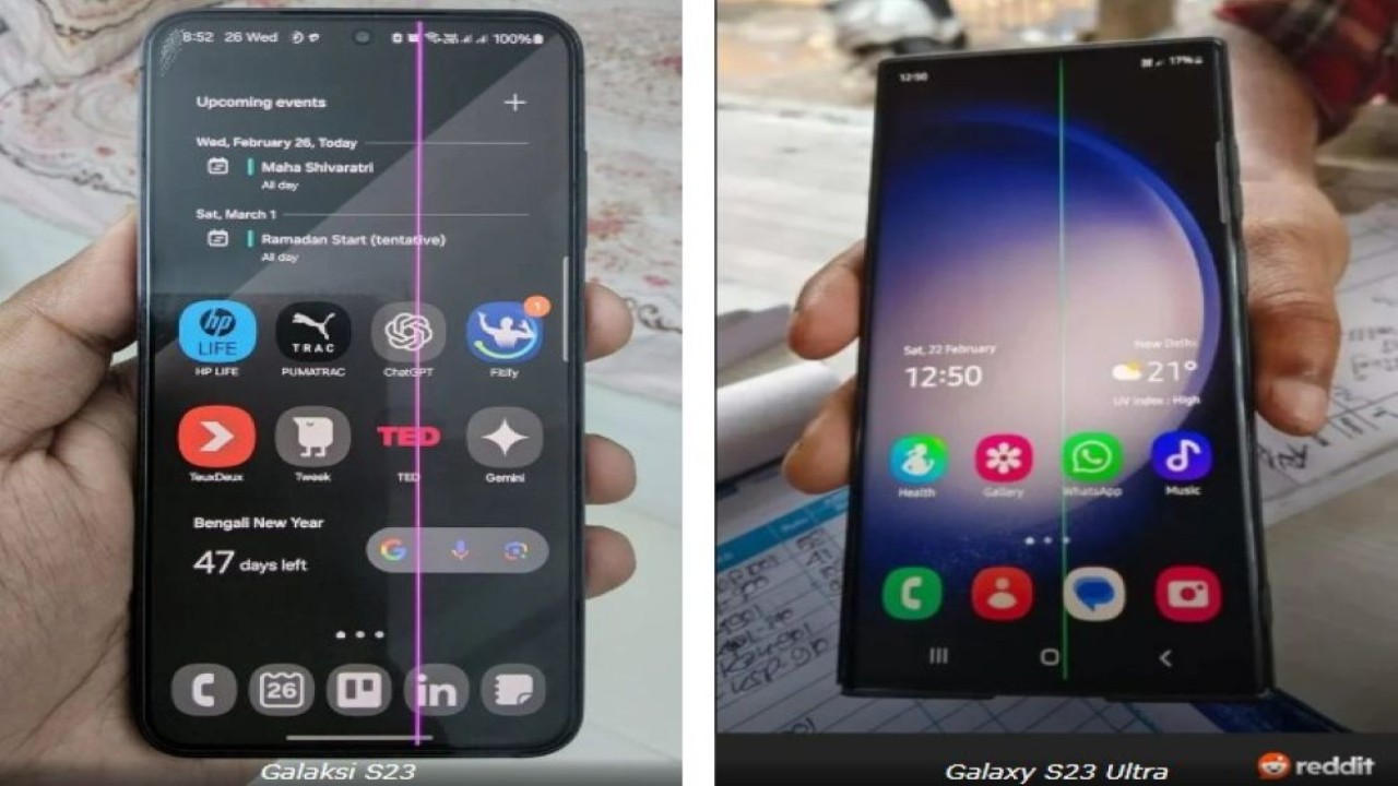 Pengguna Samsung Galaxy S23 Ultra melaporkan munculnya masalah garis hijau pada layar perangkat mereka. (Foto: Istimewa via Gizmochina)