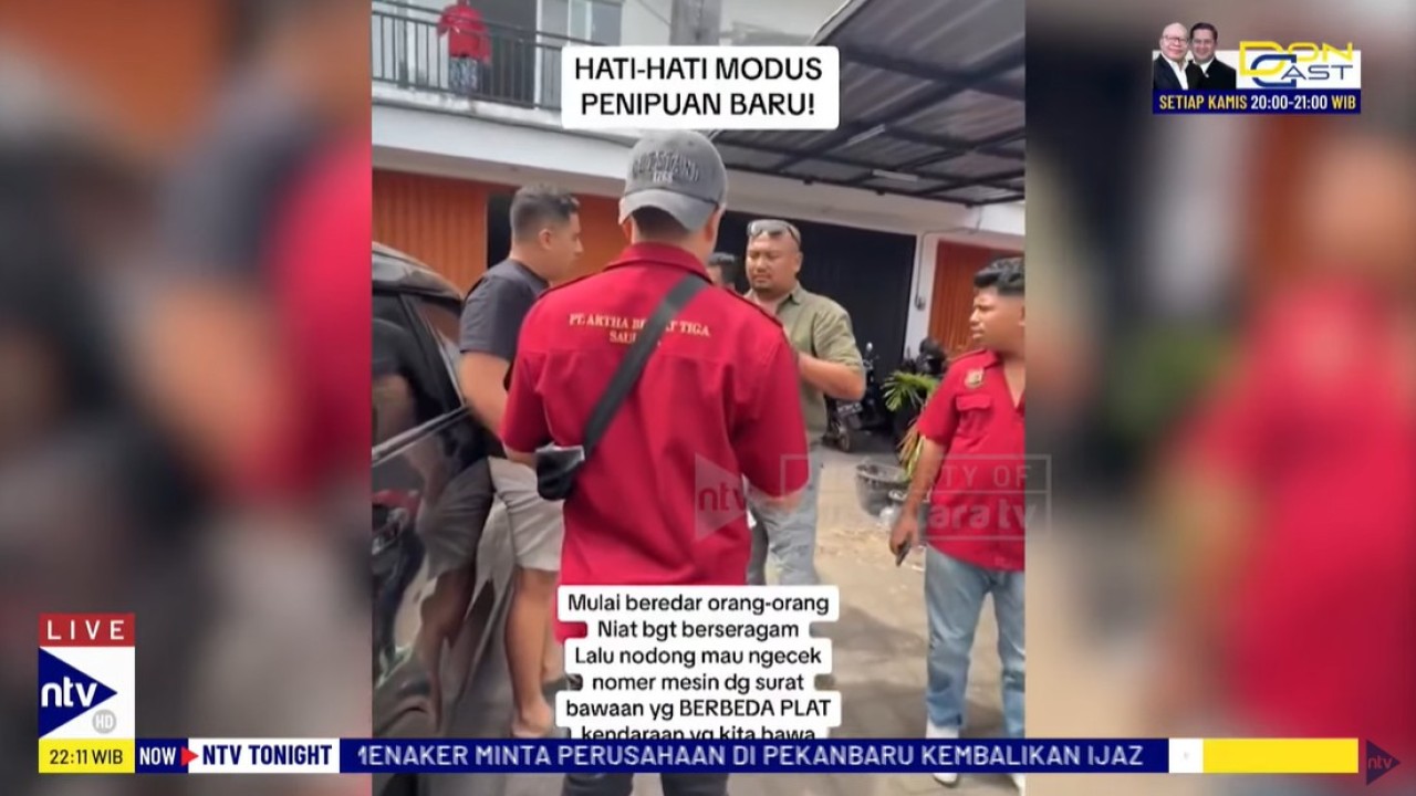 Aksi upaya penipuan dilakukan tiga pria berseragam merah yang mengaku sebagai pegawai finance dari sebuah perusahaan.