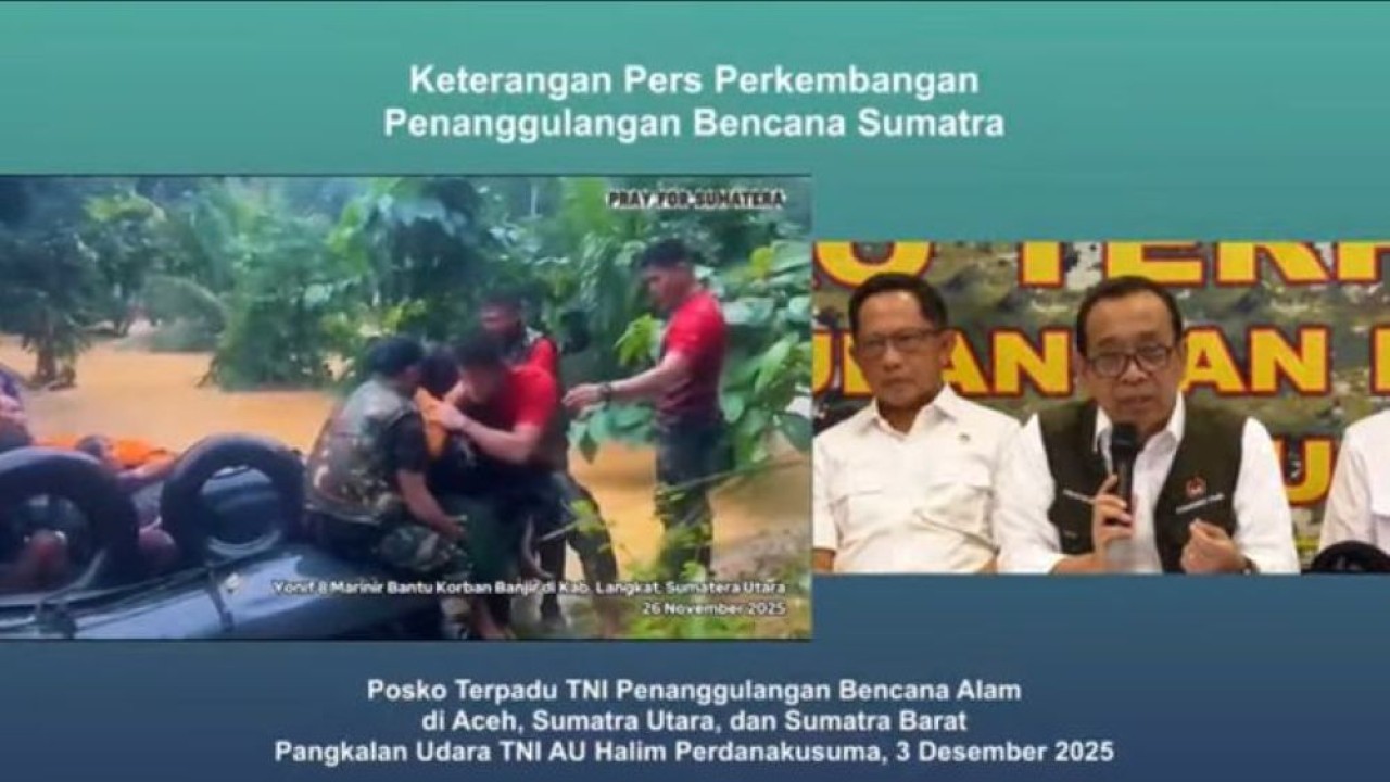Menko PMK Pratikno memberikan keterangan pers perkembangan Penangulangan Bencana Sumatra. (Foto: Istimewa)