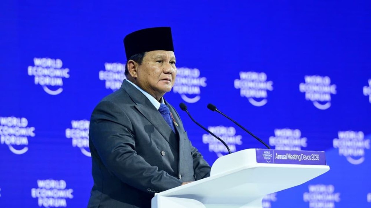 Presiden Prabowo Subianto menyampaikan pidatonya di World Economic Forum (WEF) 2026 di Davos, Swiss, Kamis (22/1/2026). (Foto: Dok/Istimewa)