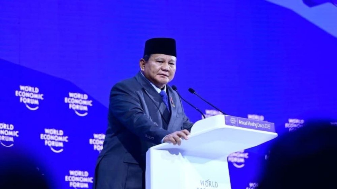 Presiden Prabowo Subianto saat berpidato di hadapan para pemimpin dunia dan pelaku ekonomi global dalam ajang World Economic Forum (WEF) 2026 di Davos, Swiss, Kamis (22/1)/ist