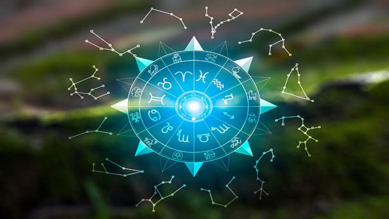 Ilustrasi astrologi berupa lingkaran zodiak dengan simbol 12 rasi.