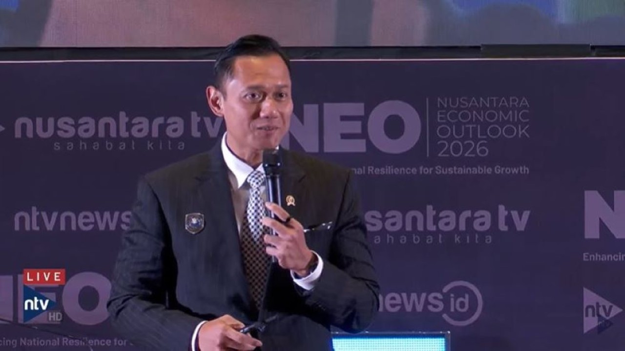 AHY saat menjadi keynote speech dalam acara Nusantara Economic Outlook (NEO) 2026 yang digelar di Nusantara Ballroom, Rabu (4/2/2026).