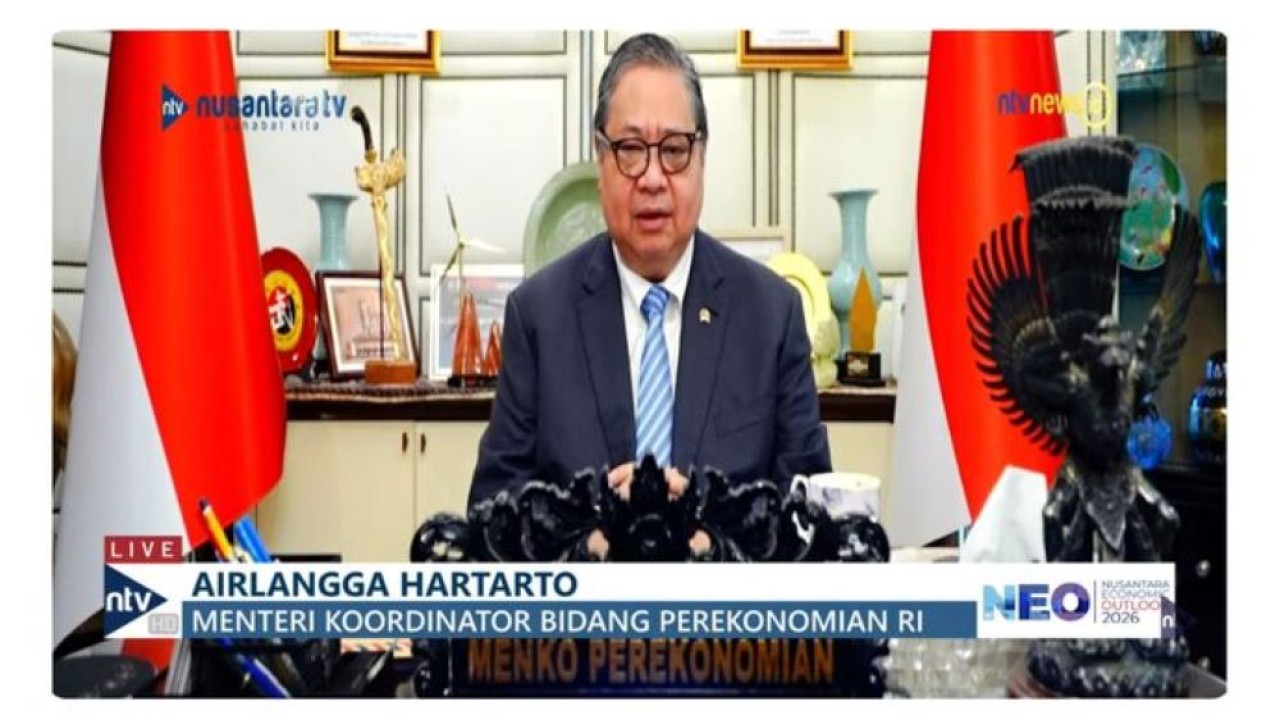 Menteri Koordinator Bidang Perekonomian (Menko Perekonomian) Airlangga Hartarto di acara Nusantara Economic Outlook 2026 (Nusantara TV)