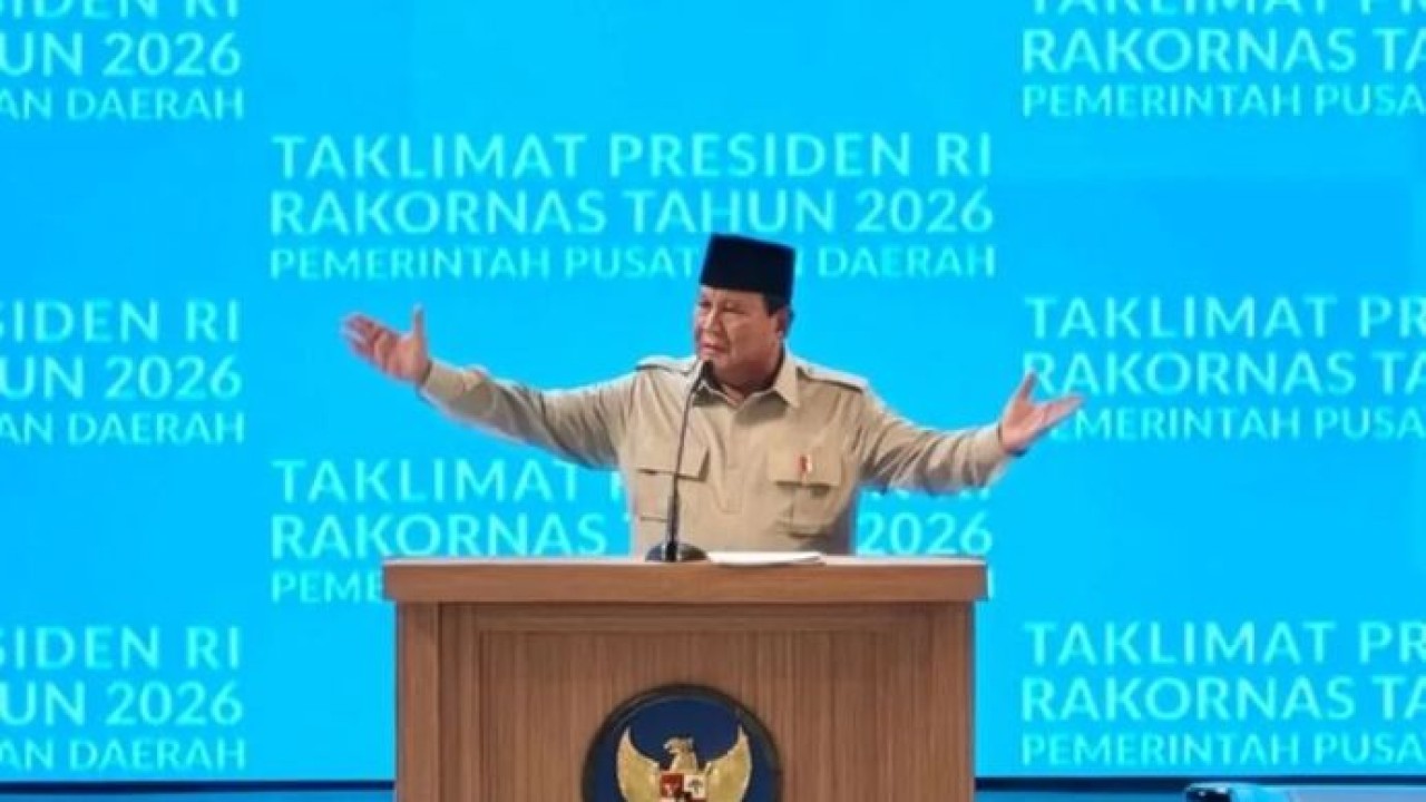 Presiden Prabowo Subianto menghadiri Rapat Koordinasi Nasional (Rakornas) Pemerintah Pusat dan Daerah di Sentul, Kabupaten Bogor, Jawa Barat, Senin, 2 Februari 2026. (ANTARA/Fathur Rochman) (Antara)