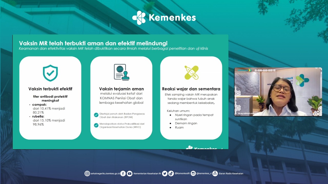 Direktur Jenderal Kefarmasian dan Alat Kesehatan Kementerian Kesehatan Rizka Andalusia mengatakan, saat ini stok vaksin Measles Rubella (MR), yakni vaksin untuk mencegah penyakit campak dan rubella yang digunakan dalam program imunisasi nasional, mencapai 9,5 juta dosis yang tersimpan di tingkat pusat. (Foto: Dok/Istimewa/Bakom RI)