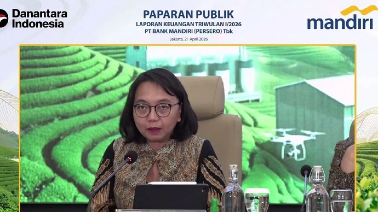 Tangkapan layar Direktur Finance & Strategy Bank Mandiri Novita Widya Anggraini memaparkan materi dalam konferensi pers Paparan Kinerja Triwulan I 2026 secara daring di Jakarta, Selasa (21/4/2026). (ANTARA/Rizka Khaerunnisa) (Antara)