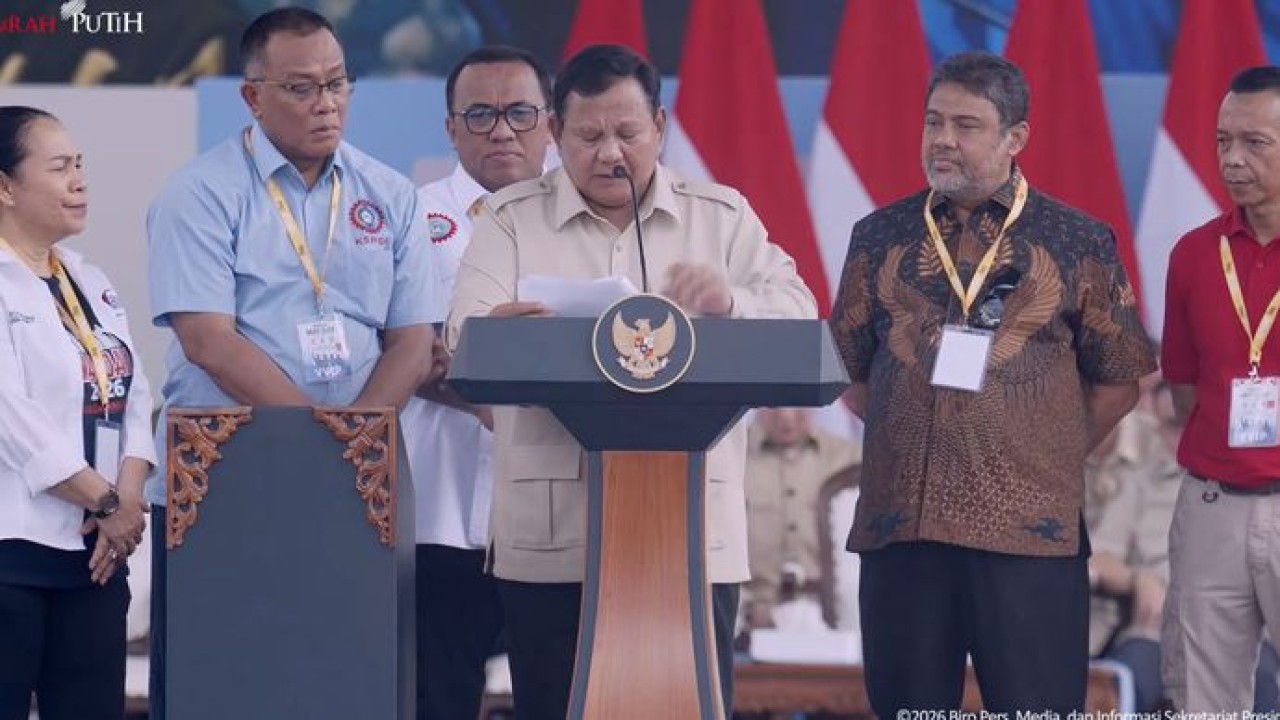Presiden Prabowo Subianto pada peringatan Hari Buruh Internasional di Lapangan Monas, Jumat 1 Mei 2026. (Tangkapan Layar)