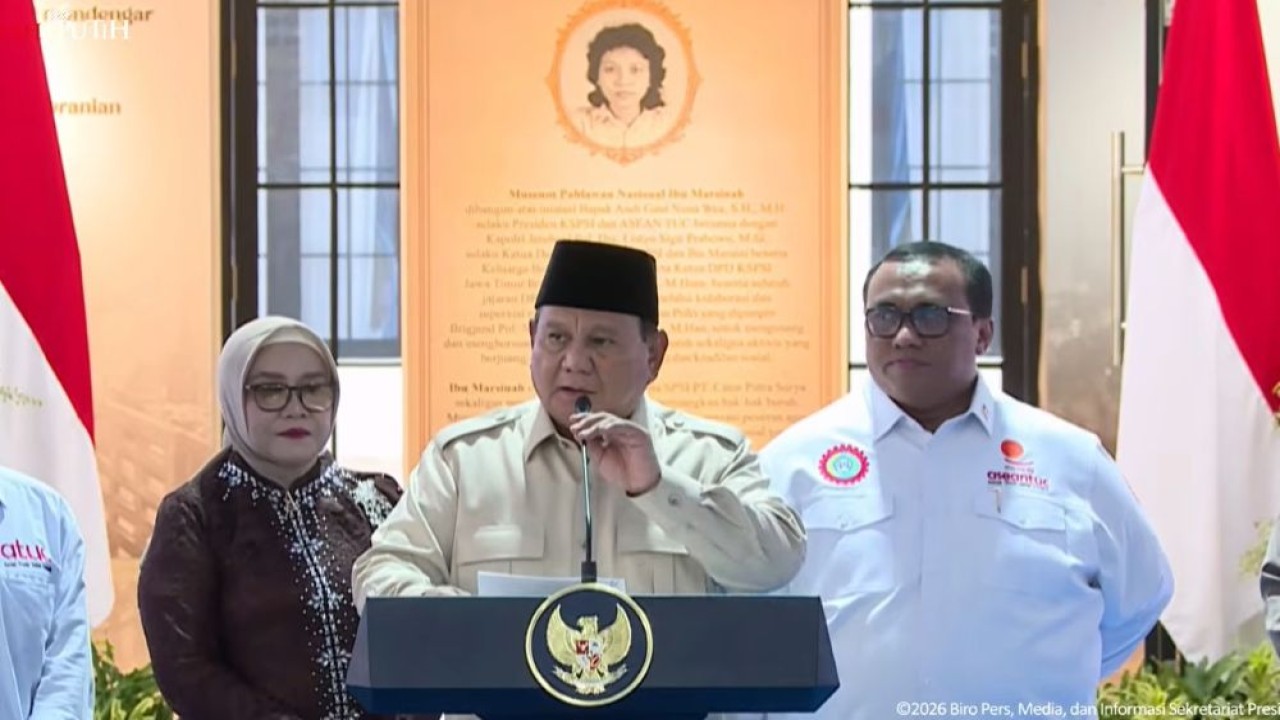 Presiden Prabowo Subianto meresmikan Museum Marsinah dan Rumah Singgah, di Kabupaten Nganjuk, Jawa Timur, Sabtu, 16 Mei 2026. (Foto: Tangkapan layer YouTube Sekretariat Presiden)