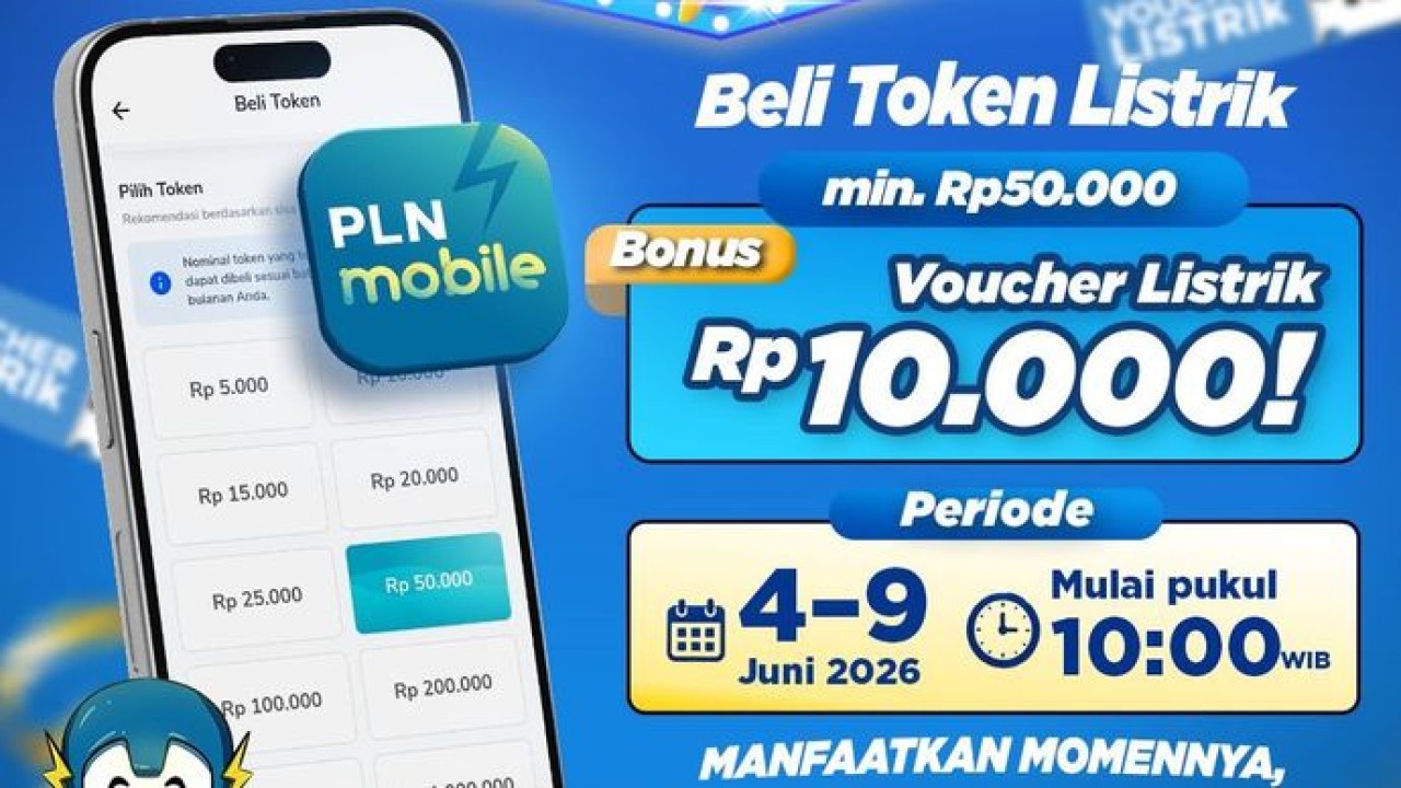 Program promo bertajuk JUNIVAGANZA yang berlangsung pada 4 hingga 9 Juni 2026. Melalui program ini, pelanggan berkesempatan memperoleh voucher listrik senilai Rp10.000 dengan melakukan pembelian token listrik minimal Rp50.000 melalui PLN Mobile. (Istimewa)