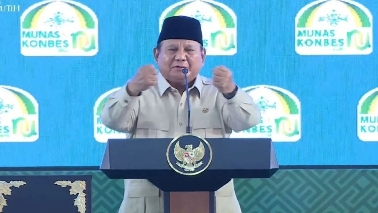 Presiden Prabowo Subianto pada acara Penutupan Musyawarah Nasional (Munas) Alim Ulama dan Konferensi Besar (Konbes) Nahdlatul Ulama (NU) 2026 di Institut Agama Islam (IAI) Syaichona Mohammad Cholil, Kabupaten Bangkalan, Jawa Timur, Selasa, 23 Juni 2026. (Foto: Dok/Istimewa/Bakom RI)