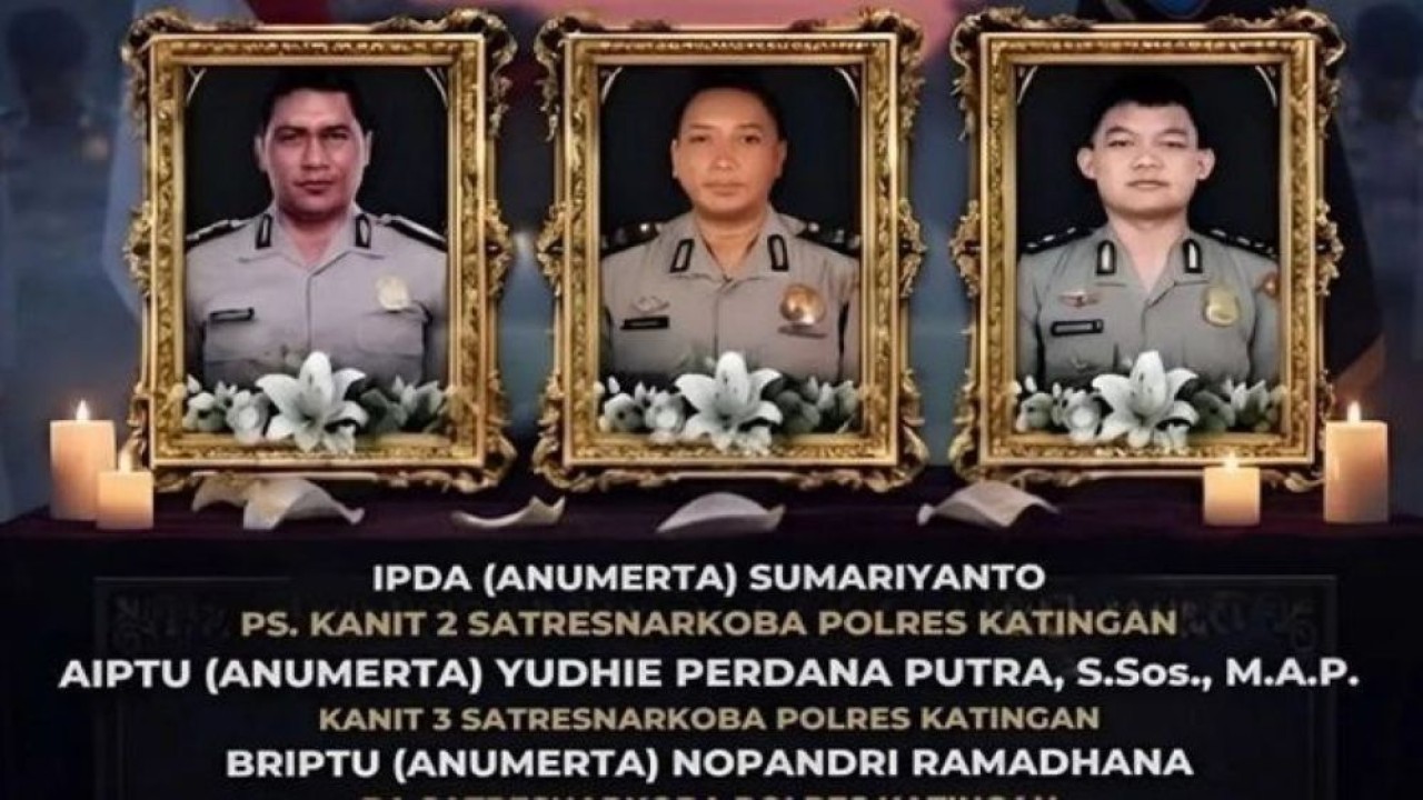 Tiga anggota Polres Katingan yang gugur dalam operasi penangkapan pelaku kasus narkoba. (Foto: Antara)