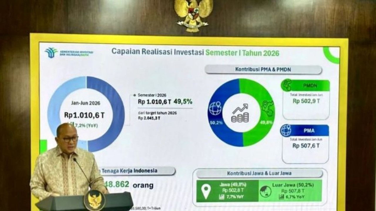 Menteri Investasi dan Hilirisasi/Kepala BKPM Rosan Perkasa Roeslani memberikan keterangan pers setelah melaporkan capaian investasi periode Kuartal II/2026 dan Semester I/2026 kepada Presiden Prabowo Subianto di Istana Kepresidenan RI, Jakarta, Kamis, 16 Juli 2026. (Foto: Antara)