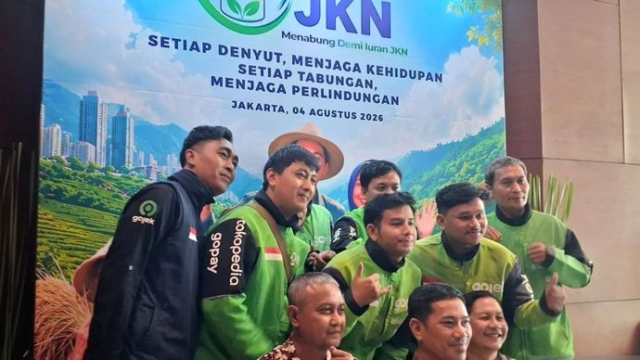 Para mitra ojek online (ojol) dalam peluncuran Program Menabung Demi Iuran Jaminan Kesehatan Nasional (NADI JKN) di Kantor Pusat BPJS Kesehatan, Jakarta, Selasa (4/8/2026) (Antara)