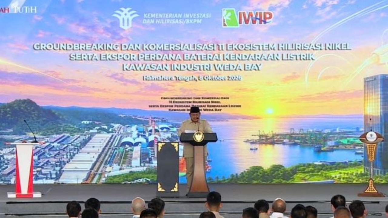 Presiden Prabowo Subianto dalam sambutannya di kawasan Indonesia Weda Bay Industrial Park (IWIP), Kabupaten Halmahera Tengah, Provinsi Maluku Utara, Kamis, 8 Oktober 2026. (Foto: Istimewa)